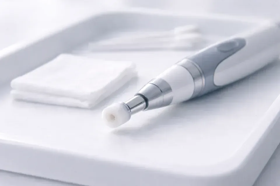 Micro-exfoliation device tip on a sterile tray.