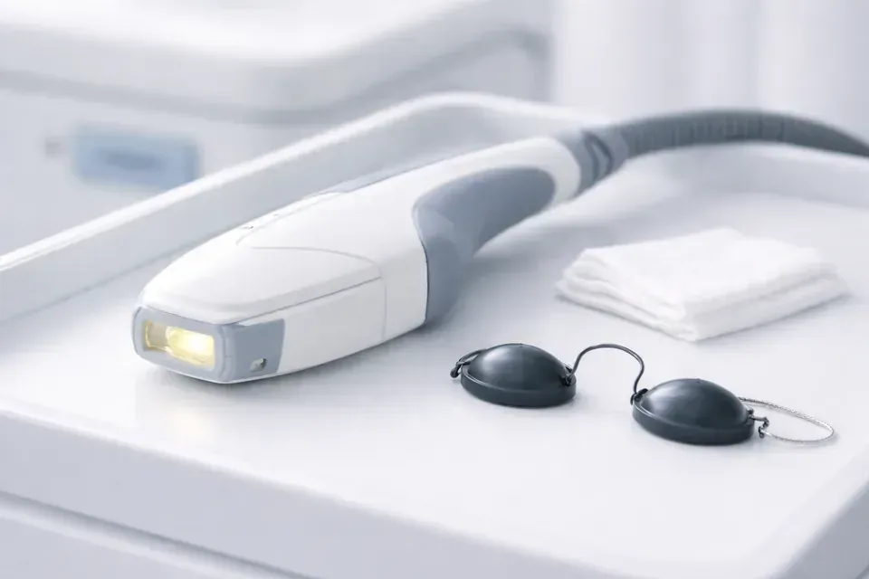 IPL treatment handpiece on a sterile clinic tray.