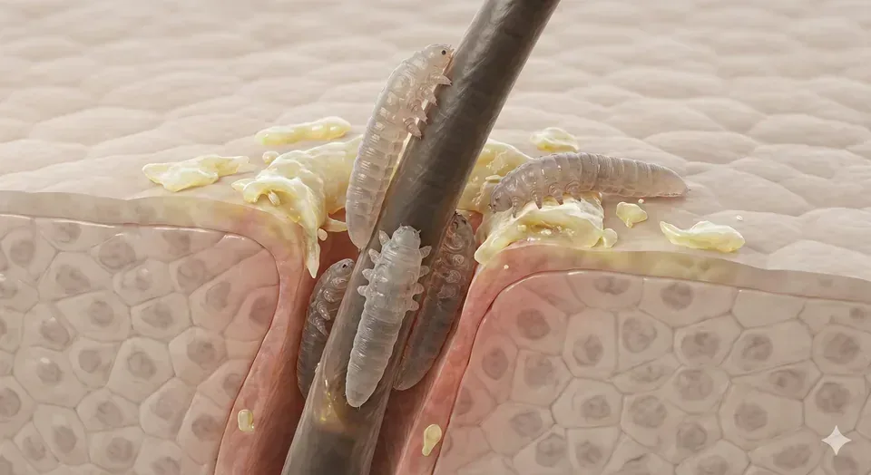 Microscopic-style view of Demodex mites in an eyelash follicle.