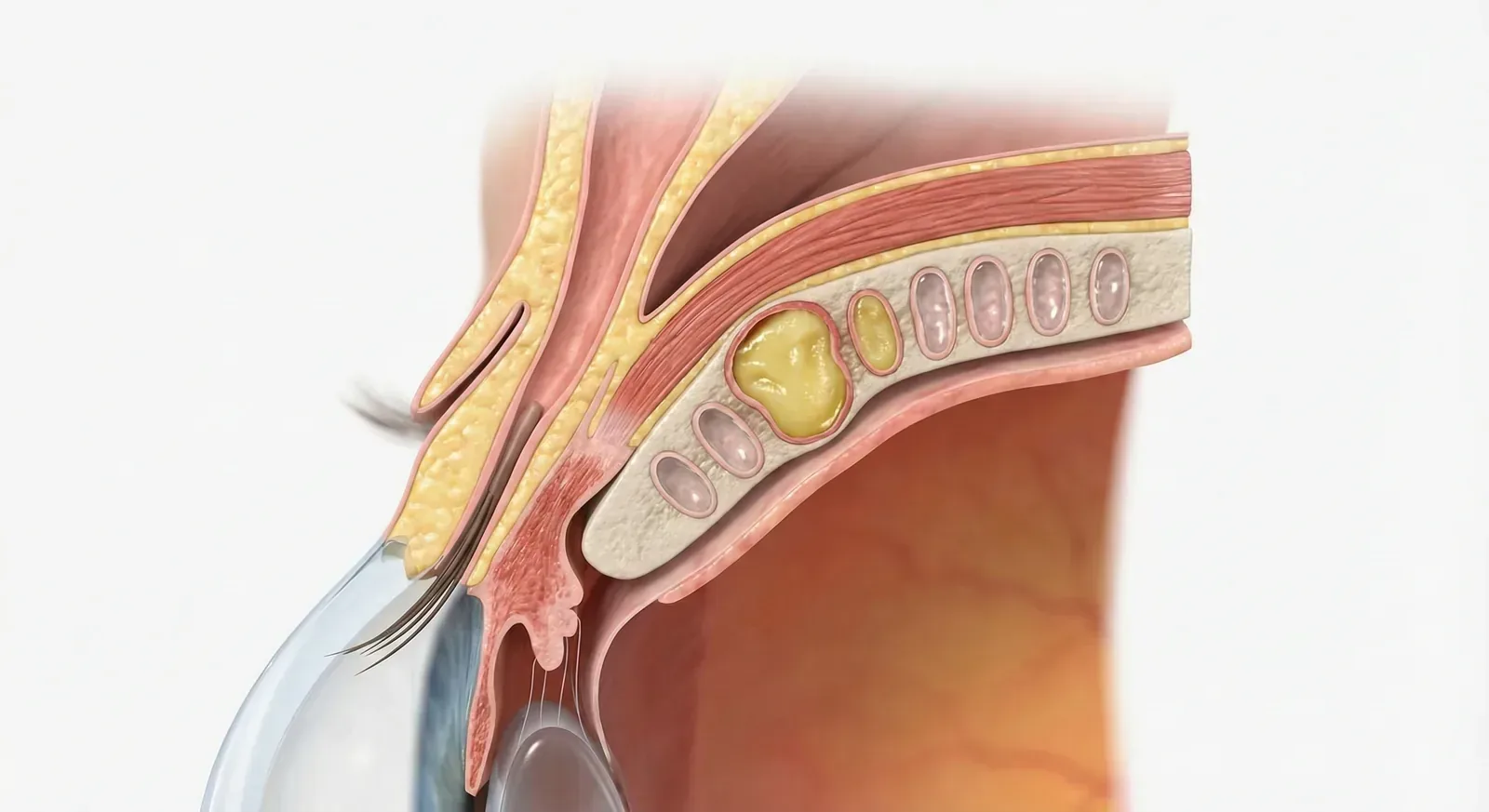 Cross-section of an eyelid showing Meibomian glands with one blocked gland.