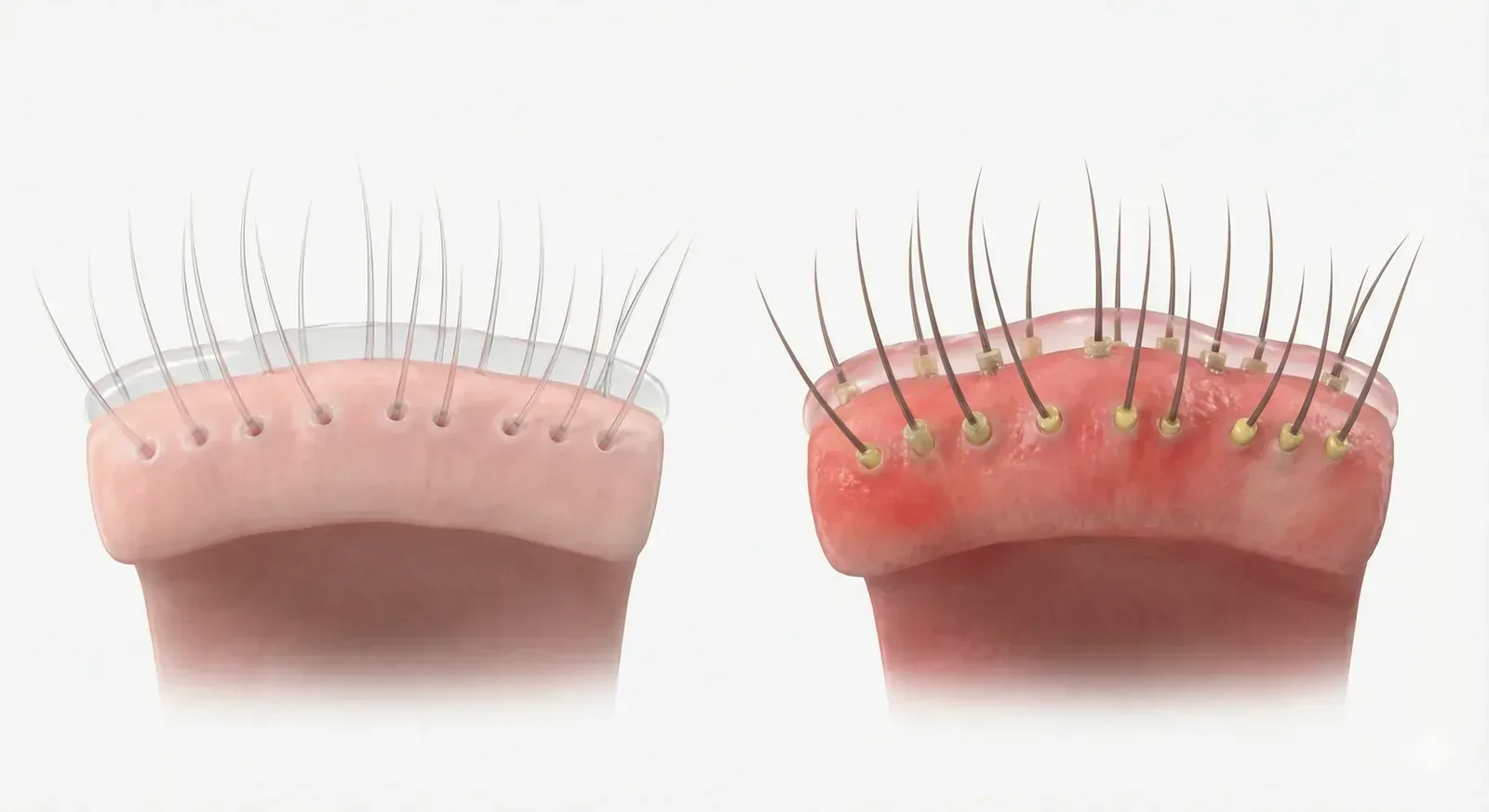 Healthy eyelid margin compared with an inflamed margin showing collarettes.