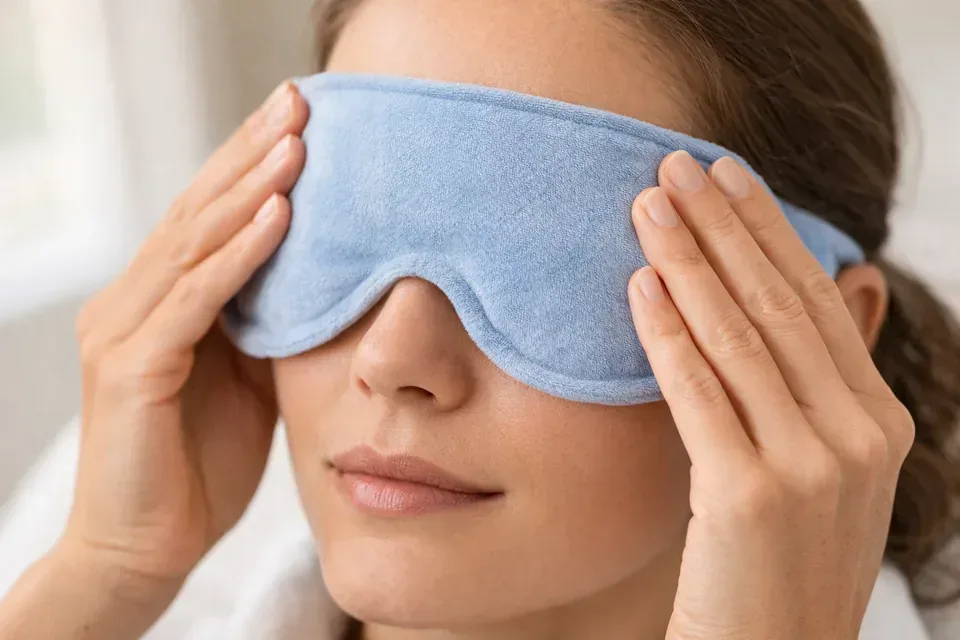 Patient applying a warm eye mask safely over closed eyes.