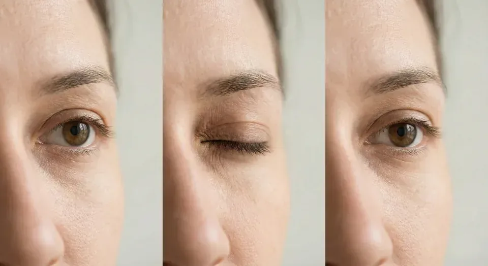 Illustration of the hard blink exercise showing eyes open, closed, then open again.