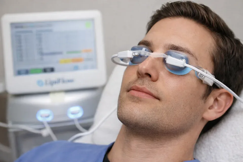 Thermal pulsation device positioned on the eyelids in a clinical setting.